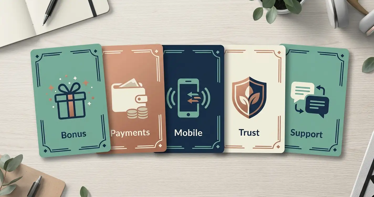 Editorial decision cards for Fish & Spins bonus, payments, mobile, trust and support topics