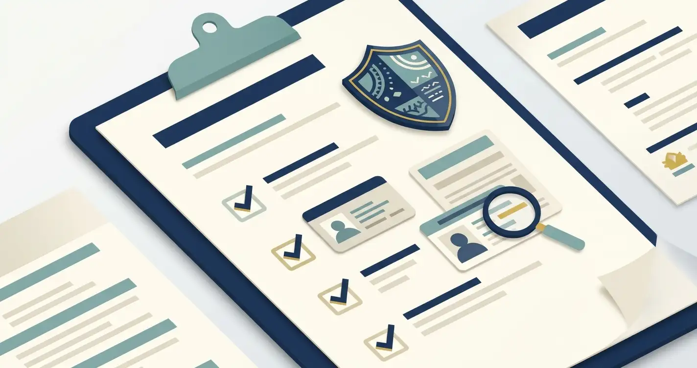 Generic identity verification checklist with document and shield icons