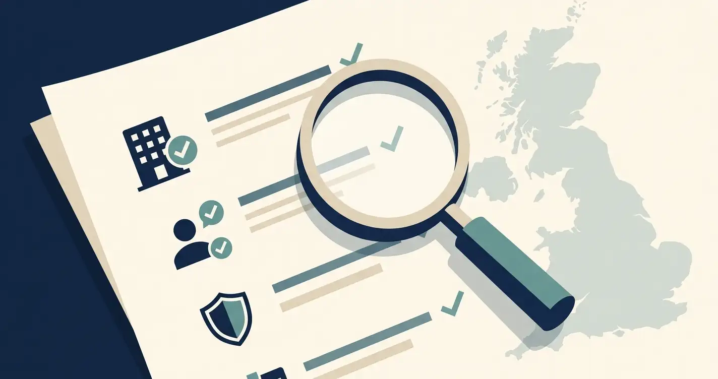 Generic compliance checklist with UK map outline and register search icon